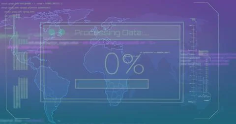 Composition of data processing and world map on purple background Illustrazione stock