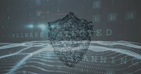 Composition of data processing with cyberattack warning and shield icon on black 库存插图