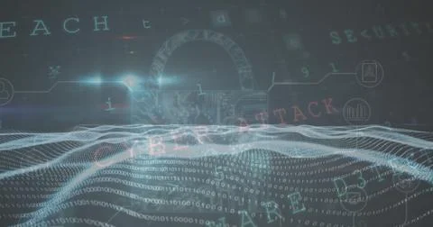 Composition of data processing with cyberattack warning and padlock icon on Illustrazione stock