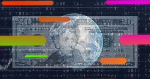 Composition of data processing with dollar banknote over globe on black Ilustração Stock