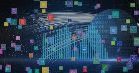 Composition of data processing with icons and globe on black background Stock Illustration