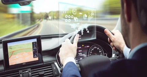 Composition of data processing on interactive screen over businessman driving Stock Photos