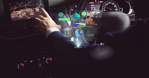 Composition of data processing on interactive screen over businessman using Stock Photos