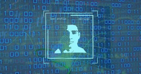 Composition of data processing with man portrait over shapes Foto stock