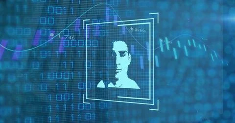 Composition of data processing with man portrait over shapes 스톡 사진