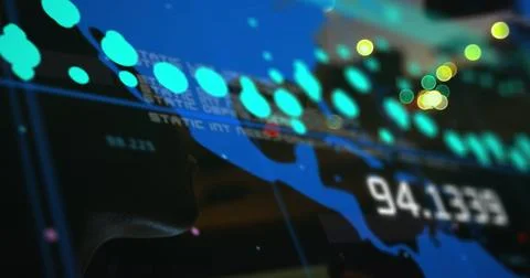 Composition of data processing with numbers over world map and cityscape Illustrazione stock