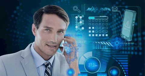 Composition of data processing over caucasian man using a smartphone in Stock Photos