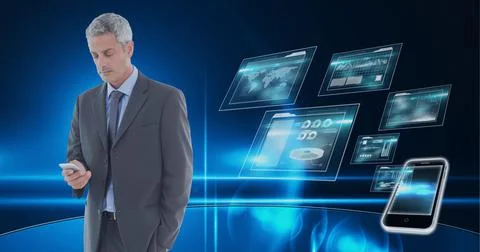 Composition of data processing over caucasian man using a smartphone in Stock Photos