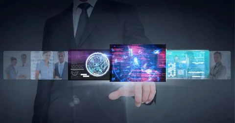 Composition of data processing over caucasian man handin background Foto stock