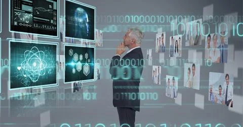 Composition of data processing over caucasian man rubbing his chin in background 스톡 사진