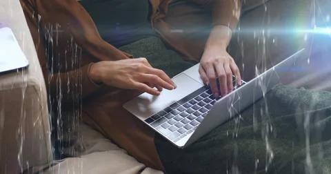 Composition of data processing over caucasian woman using laptop Stock Photos