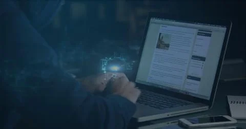 Composition of data processing over caucasian male hacker using laptop Stock Photos