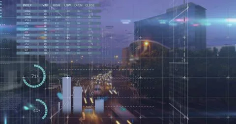 Composition of data processing over cityscape Ilustração Stock