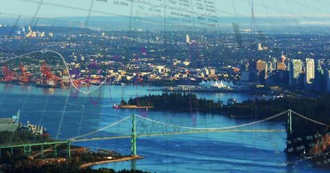 Composition of data processing over cityscape Ilustração Stock