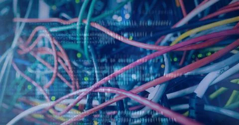 Composition of data processing over close up of computer cables 스톡 일러스트