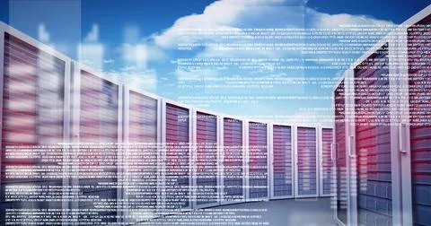 Composition of data processing over computer servers with clouds on blue sky Stock Illustration