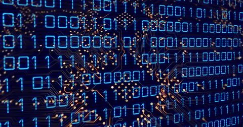 Composition of data processing over computer circuit board on black background Stockillustratie