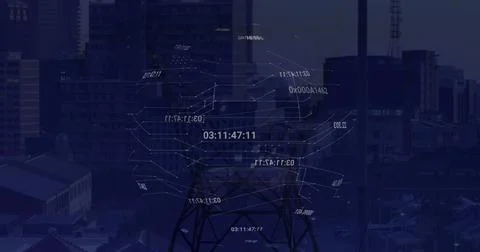 Composition of data processing over electricity pylon and cityscape Stock Illustration