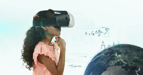 Composition of data processing over girl using vr headset Stock Photos