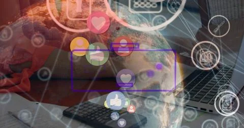 Composition of data processing over icons and globe 库存照片