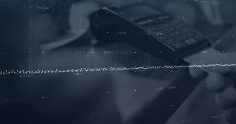 Composition of data processing over man paying with credit card over payment 库存插图
