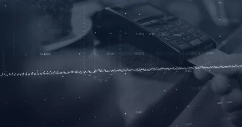 Composition of data processing over man paying with credit card over payment 库存插图