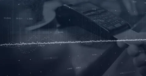 Composition of data processing over man paying with credit card over payment Illustrazione stock