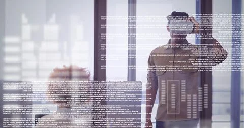 Composition of data processing over man wearing vr headset in office Stock Photos