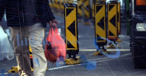 Composition of data processing over man with shopping bags and road 写真素材