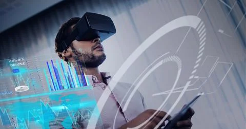 Composition of data processing over mixed race man using vr headset in Stockfoto's