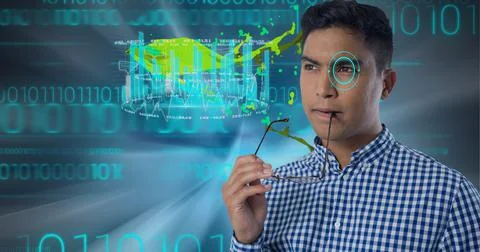 Composition of data processing over mixed race man biting his glasses in Stock Photos