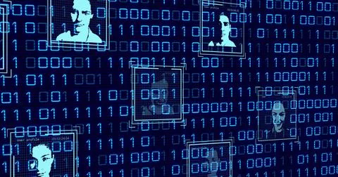 Composition of data processing over people portraits on black background 写真素材