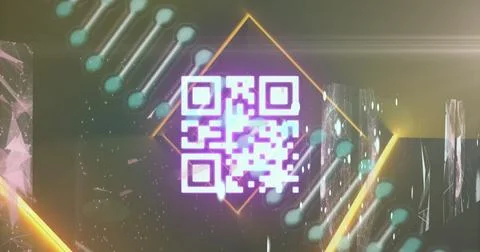 Composition of data processing over qr code and dna strand on black background Stock Illustration