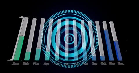 Composition of data processing over scope scanning on black background Ilustração Stock