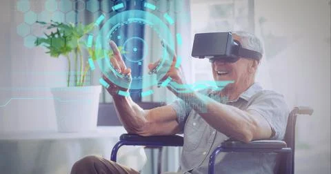 Composition of data processing over senior man in wheelchair wearing vr headset Stock Photos
