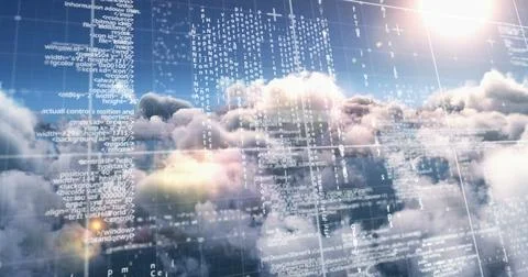Composition of data processing over sky with clouds Stock Photos