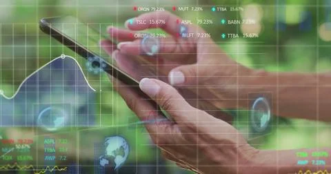 Composition of data processing over woman using smartphone Stock Photos