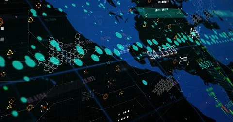 Composition of data processing over world map on black background 스톡 일러스트