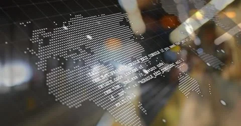 Composition of data processing over world map and cityscape Ilustração Stock