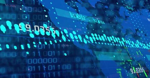 Composition of data processing over world map on black background Illustrazione stock