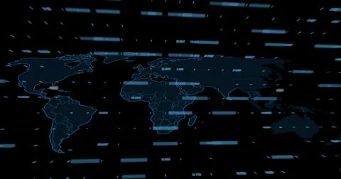 Composition of data processing over world map on black background Ilustração Stock