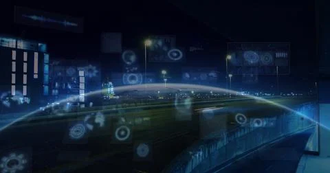 Composition of data processing with scope scanning and globe over cityscape Ilustração Stock