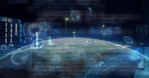 Composition of data processing with scope scanning and globe over cityscape Ilustração Stock