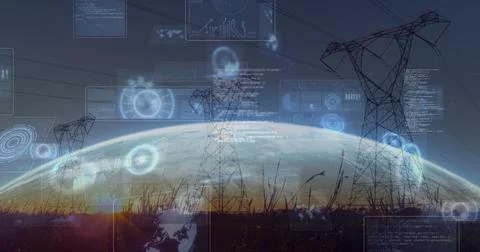 Composition of data processing with scope scanning and globe over electricity Stock Illustration