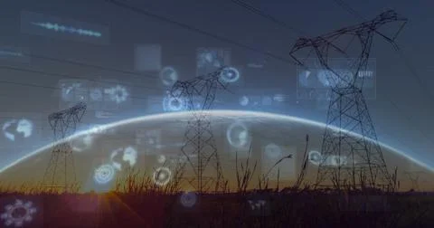 Composition of data processing with scope scanning and globe over electricity Stock Illustration