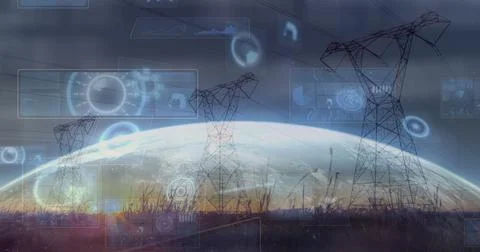 Composition of data processing with scope scanning and globe over electricity Stock Illustration