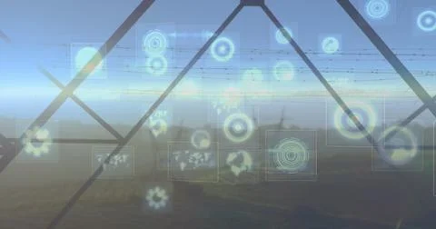 Composition of data processing with scope scanning over electricity pylons Stock Illustration