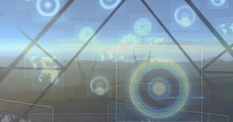 Composition of data processing with scope scanning over electricity pylons Stock Illustration