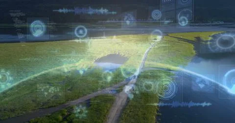 Composition of data processing with scope scanning and globe over landscape Ilustração Stock