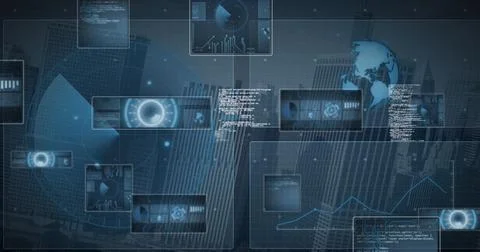 Composition of data processing on screens over globe and cityscape 스톡 일러스트